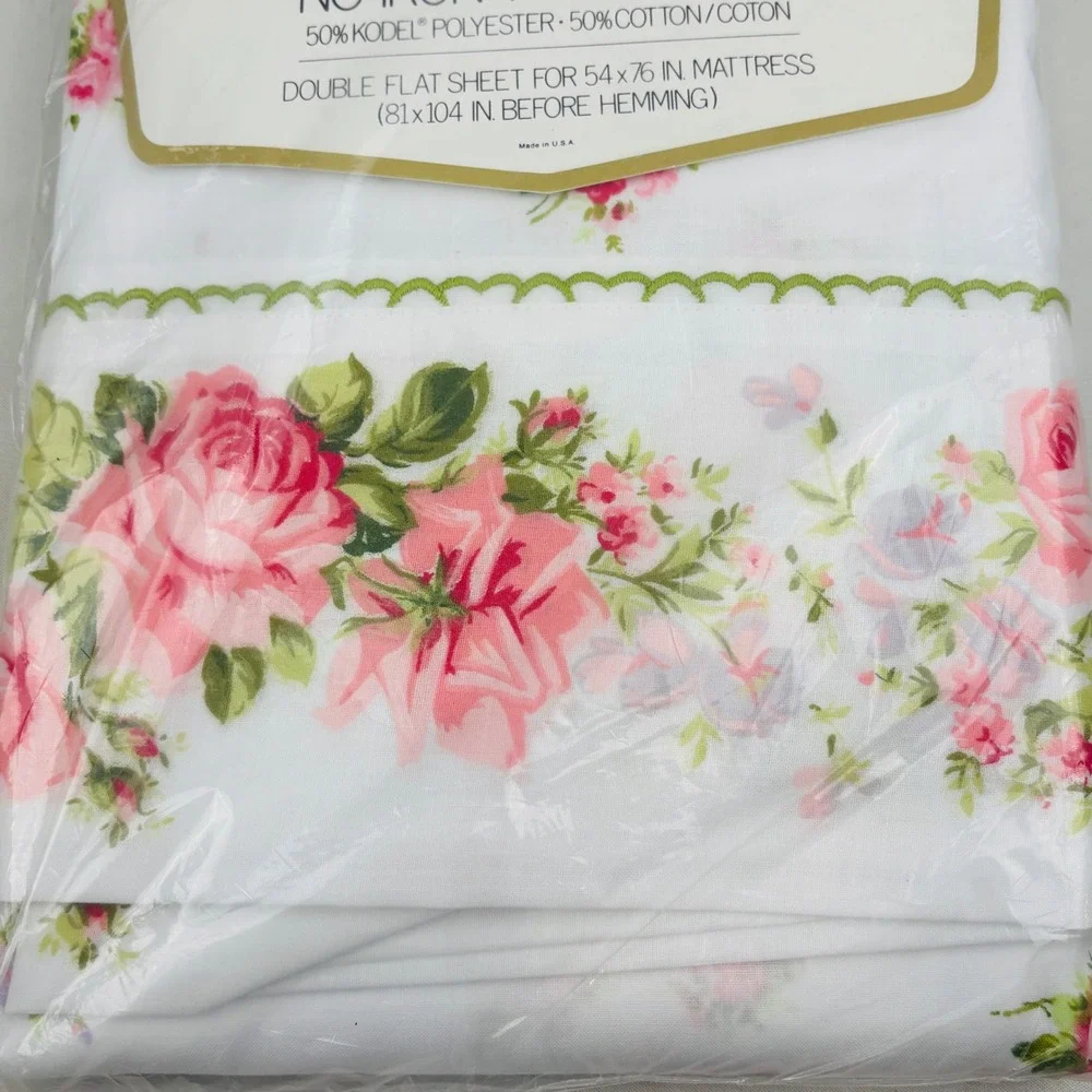 Vintage Springmaid Prelude Double Flat Fitted Sheet Set Floral Rose Pink White